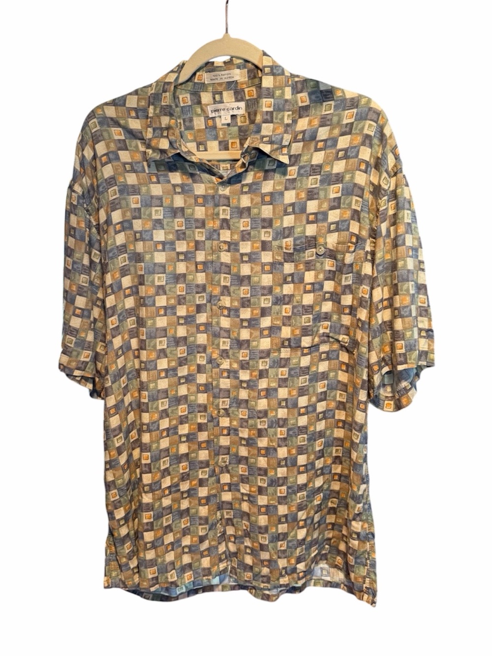Pierre Cardin Blue and Tan Geometric Short-Sleeve Button-Down